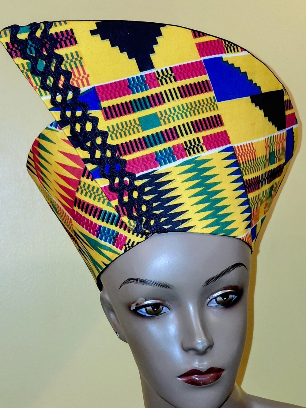Handmade Kente Print African Headwrap in Yellow Multicolor, 24" + OR -